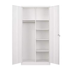 an open white closet with shelves on both sides and doors to the other side, isolated against a white background