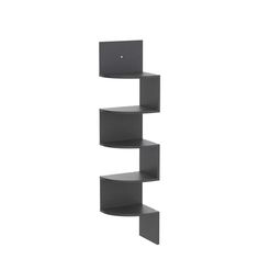 the corner shelf is made out of grey cardboard and has three shelves on each side