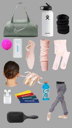 a collage of various items that include shoes, hair brush, water bottle and gym bag