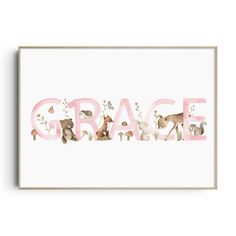 the word grace is made up of animals and plants in pink watercolor on a white background