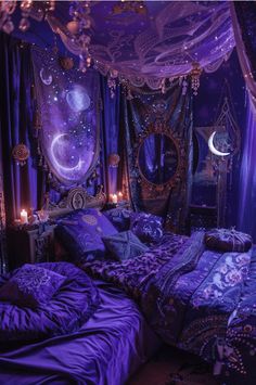 a bed with purple comforter and pillows in a room that is decorated with curtains