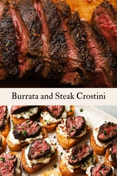 steak and steak crostini with garlic bread on the side