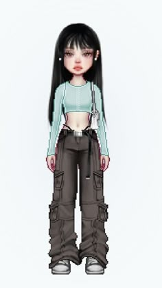 a girl with long black hair standing in front of a white background wearing cargo pants and a crop top