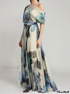 Olivia Mark - Stunning One Shoulder Chiffon Maxi Dresses in Printed Pattern Long Dresses Summer, Chiffon Long Dress, European Dress, Silk Dresses, Floral Chiffon Dress, Chiffon Dress Long, Long Summer Dresses, Dresses Summer, Floral Chiffon