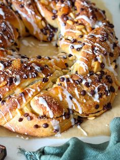 a bundt cake with chocolate chips and white icing