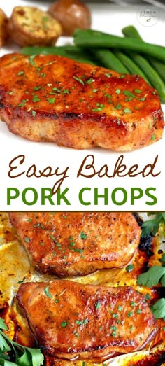 easy baked pork chops on a plate with green beans