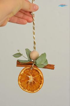 an orange slice hanging from a string with leaves and nuts on it's end