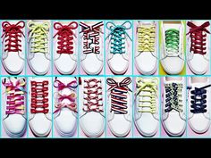 several rows of different colored laces with bows on each side and one row of them in