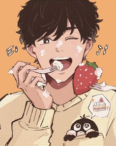 an anime character with food on his face and eating a strawberry while holding a fork to his mouth