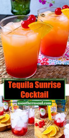 tequila sunrise cocktail with orange juice and cherries