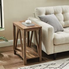 a living room with a couch, coffee table and potted plant on the floor