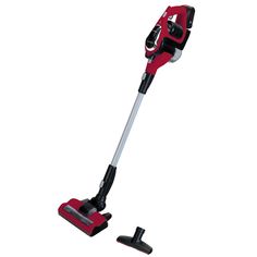 a red and black cordless stick vacuum with its handle extended to the side, on a white background