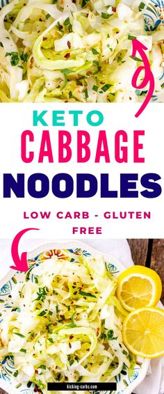 keto cabbage noodle salad on a plate with lemon wedges