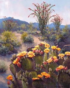 a painting of cactus plants in the desert