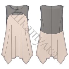 the front and back views of a women's dress with an asymmetrical design