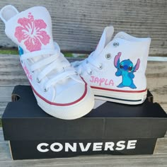 Choose your shoe size and color during check out.  Leave name in the box provided. Stitch Tennis Shoes, Stitch Converse, Converse For Kids, Stitch Things, Stitch Shoes, Baby French Bulldog, Crochet Baby Projects, Lilo And Stitch Merchandise, Stitch Birthday