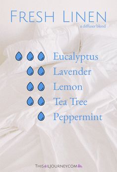 My favorite thing is to snuggle under crisp, freshly laundered linens. #thisoiljourney #diffuserblend #linen #eucalyptus #lavender #lemon #teatree #peppermint Lilin Aroma, Soya Mumu, Doterra Essential Oils Recipes, Essential Oils Cleaning, Essential Oils Herbs