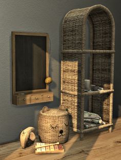 the room is decorated in wicker and has a shelf with baskets on it, next to a teddy bear