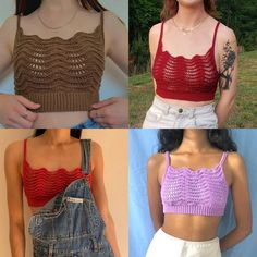 four different types of women's crop tops in various colors and sizes, with one woman wearing overalls