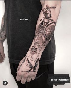 a man with a tattoo on his arm holding a clock and arrow in one hand