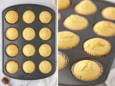 two pictures side by side one with muffins and the other with cupcake batter