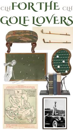 an advertisement for the golf lover's book, with various items on display and in front