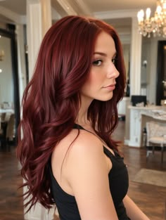 Going From Brunette To Red Hair, Red Hair With Black Lowlights, Red Hair Color For Brunettes, Winter Red Hair Color Shades, Dark Red Long Hair, Long Dark Red Hair With Layers, Garnet Red Hair, Womens Dark Red Hair, Red Hair Curtain Bangs