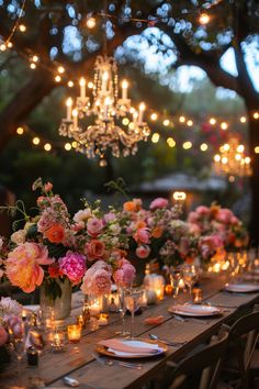 an outdoor dinner table with candles and flowers in vases on the long wooden table