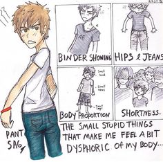 a drawing of a boy with different types of hair and clothes in front of him