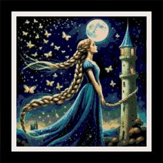 a cross stitch picture of a woman with long hair and braids standing in front of a castle