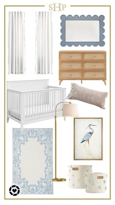 a baby's nursery room with blue and white accessories, including a crib, dresser