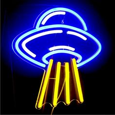 a neon blue and yellow sign with an alien like object on it's side