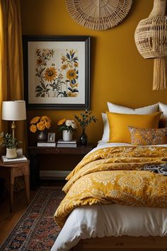 a bedroom with yellow and white bedding, wicker baskets above the headboard