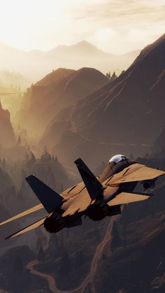 a fighter jet flying in the sky over mountains and trees with sun shining on them