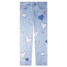 a pair of blue jeans with hearts on them