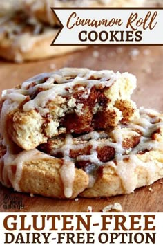 cinnamon roll cookies are stacked on top of each other with the words gluten - free dairy - free option