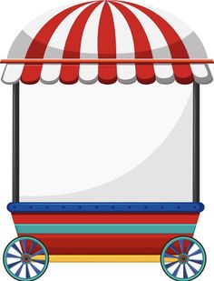 a red and white striped awning on top of a cart filled with candy canes