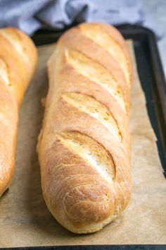 two loaves of bread sitting on top of a pan