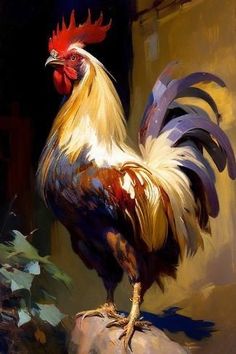 a painting of a rooster standing on a rock