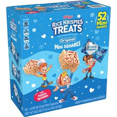 rice krispies treats are in a box on a white background with snowflakes