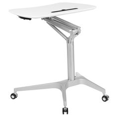 a white computer desk with wheels on the bottom and one arm extended to the top