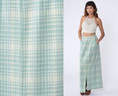 "Vintage 70s maxi skirt in a mint and cream plaid print with a high waist, pockets, and a front slit. Please see measurements and condition below. Every garment we sell is authentic vintage! You will receive the exact item photographed. Condition: Very good vintage. Has a couple small pinholes from age Best fits women's: Medium  Material:  Feels like a wool Polyester blend MEASUREMENTS Taken from seam to seam while the garment is lying flat. Double the armpit, waist, and hips For reference, mode High Waisted Long Skirt, Long Skirt Vintage, Plaid Maxi Skirt, Skirt School, High Waist Long Skirt, Tartan Skirt, Checkered Skirt, Vintage Preppy, Skirt Vintage