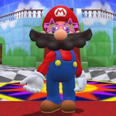 the mario kart character is standing in front of a colorful background