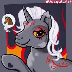 a drawing of a unicorn with long white hair and an orange eye, sitting in front of a black background