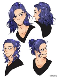 four different poses of a woman with blue hair