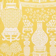 a yellow and white wallpaper with vases and flowers on it's sides