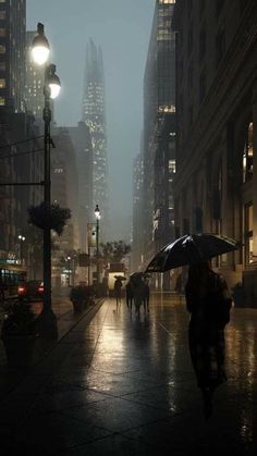 people walking in the rain with umbrellas on a city street at night near tall buildings