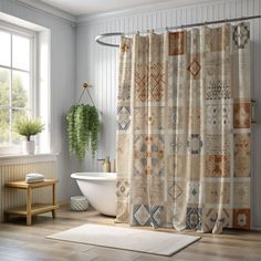 a bath room with a tub and a shower curtain