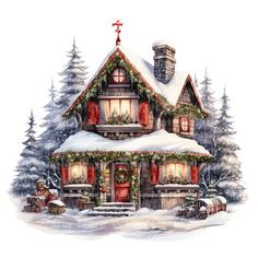 a painting of a house with christmas decorations on it