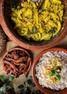 an overhead view of rice and other food items